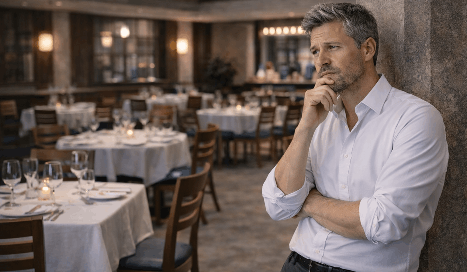 Restaurant owner standing in an empty dining room, looking concerned about low customer turnout during off-peak hours