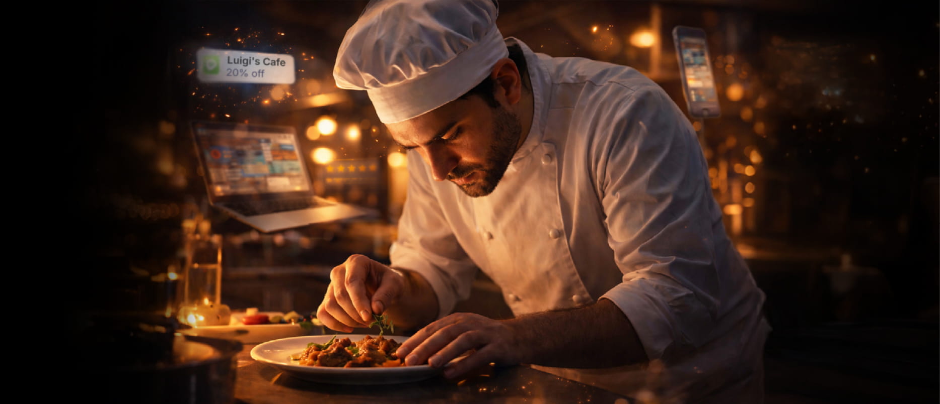 A chef puts the finishing touches on a dish, while marketing happens metaphorically in the background.