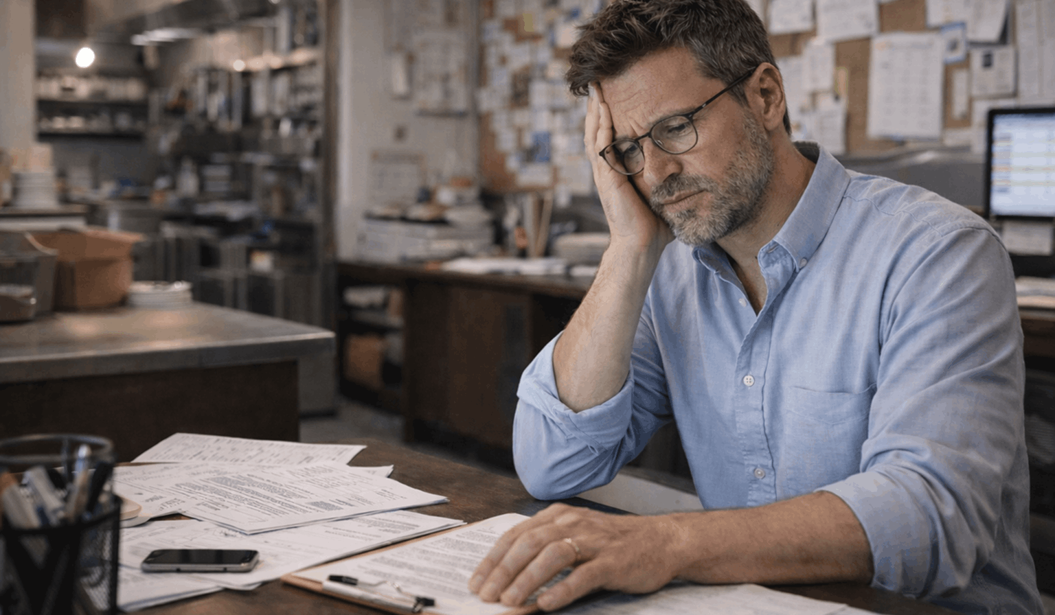 Restaurant owner reviewing bills and paperwork with a stressed expression in a busy kitchen office, highlighting challenges of restaurant operations and marketing management