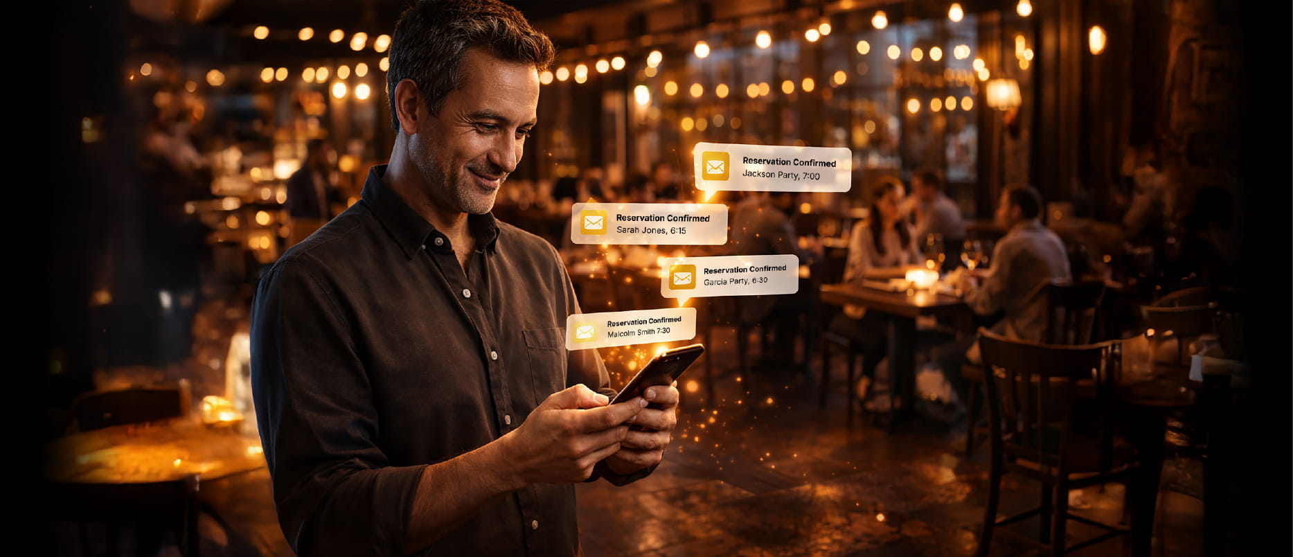 A restaurant owner looks pleased as he reviews incoming reservations for the night.