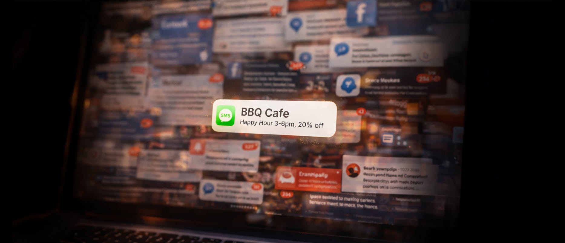 A text message from a BBQ restaurant stands out in a field of other notifications. 