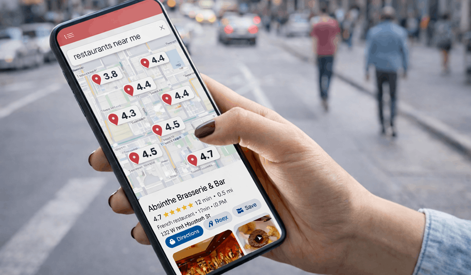 Person using smartphone to search for nearby restaurants on a map, illustrating how diners discover local restaurants through Google search and mobile devices.