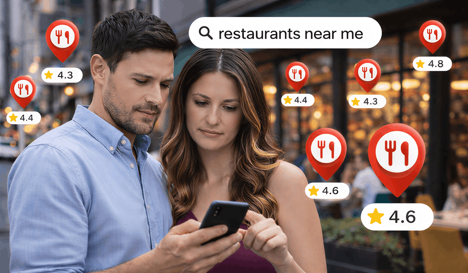 Couple searching for restaurants near them on a smartphone, comparing ratings and reviews to choose where to eat, illustrating how diners decide using Google and online reviews.