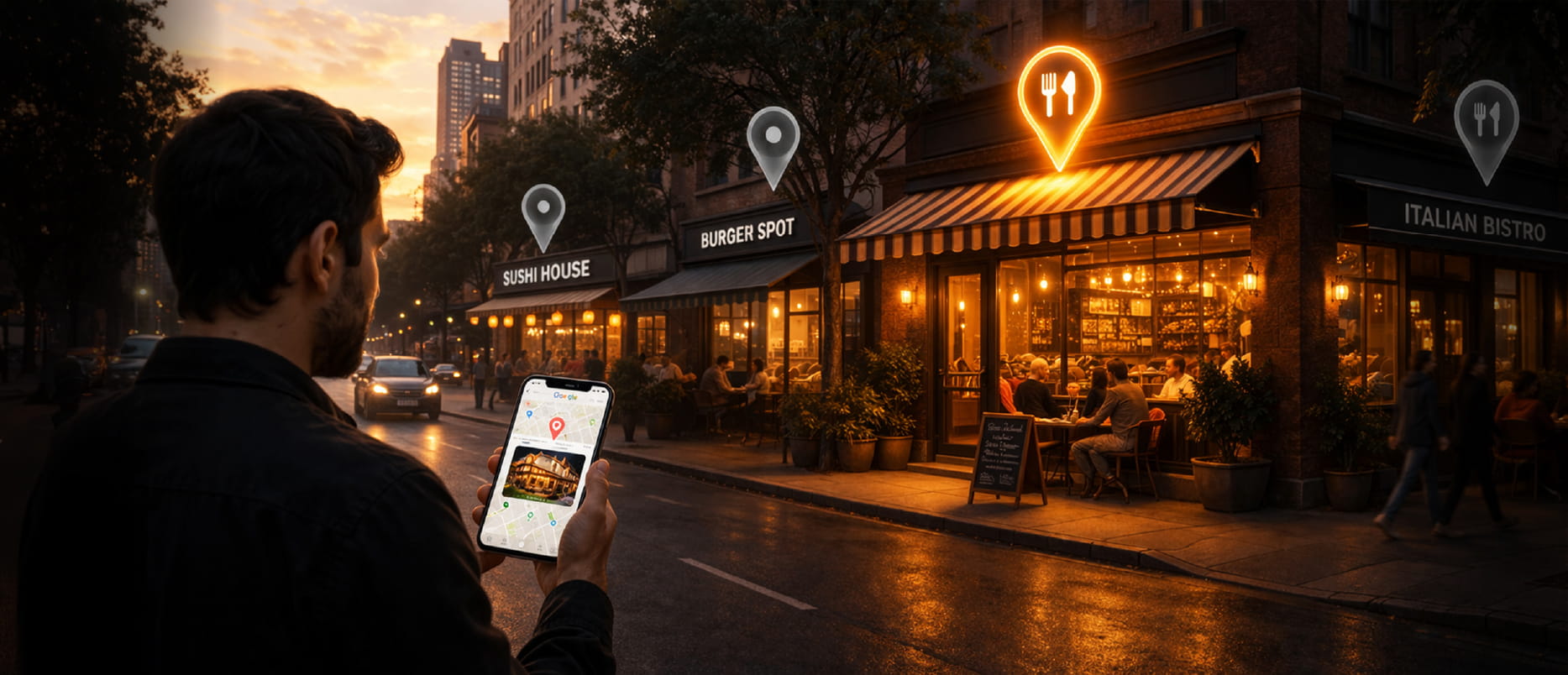 A diner searches on her phone for a new restaurant to try.